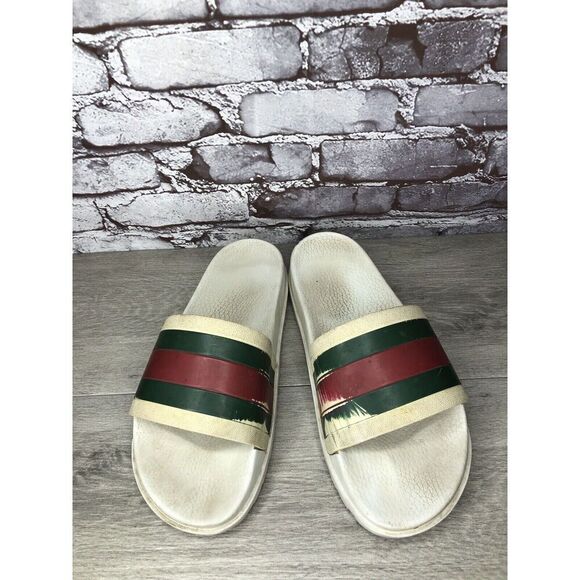 GUCCI Web White Rubber Logo Casual Slides Designer Sandals Men’s Sz 11M US/44EU - Picture 14 of 16